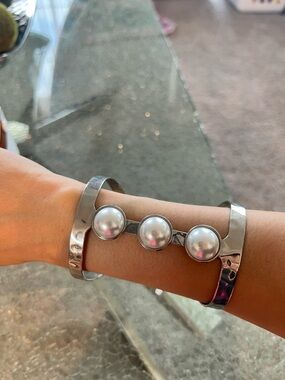 Silver Tone Cuff Bracelet with Three Round Faux White Pearls Bezel Bangle